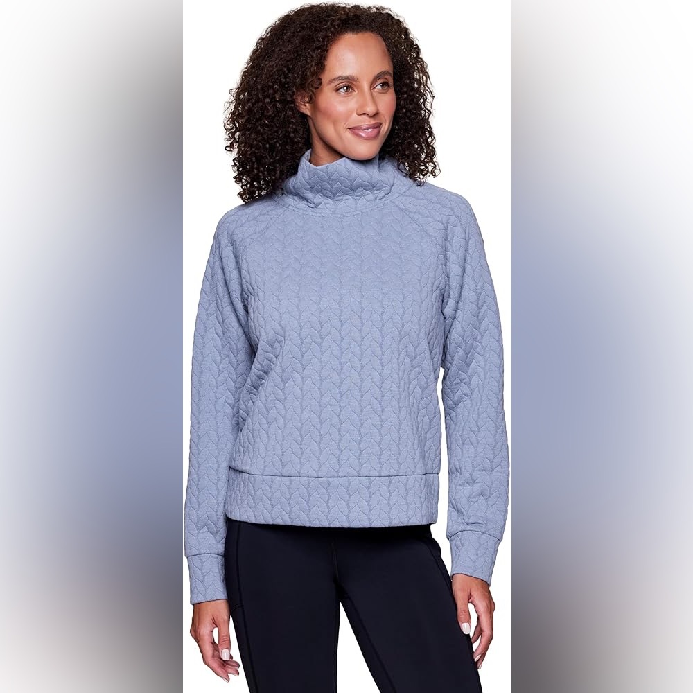 Women's Blue Cable Knit Quilted Pullover Sweatshirt - Small